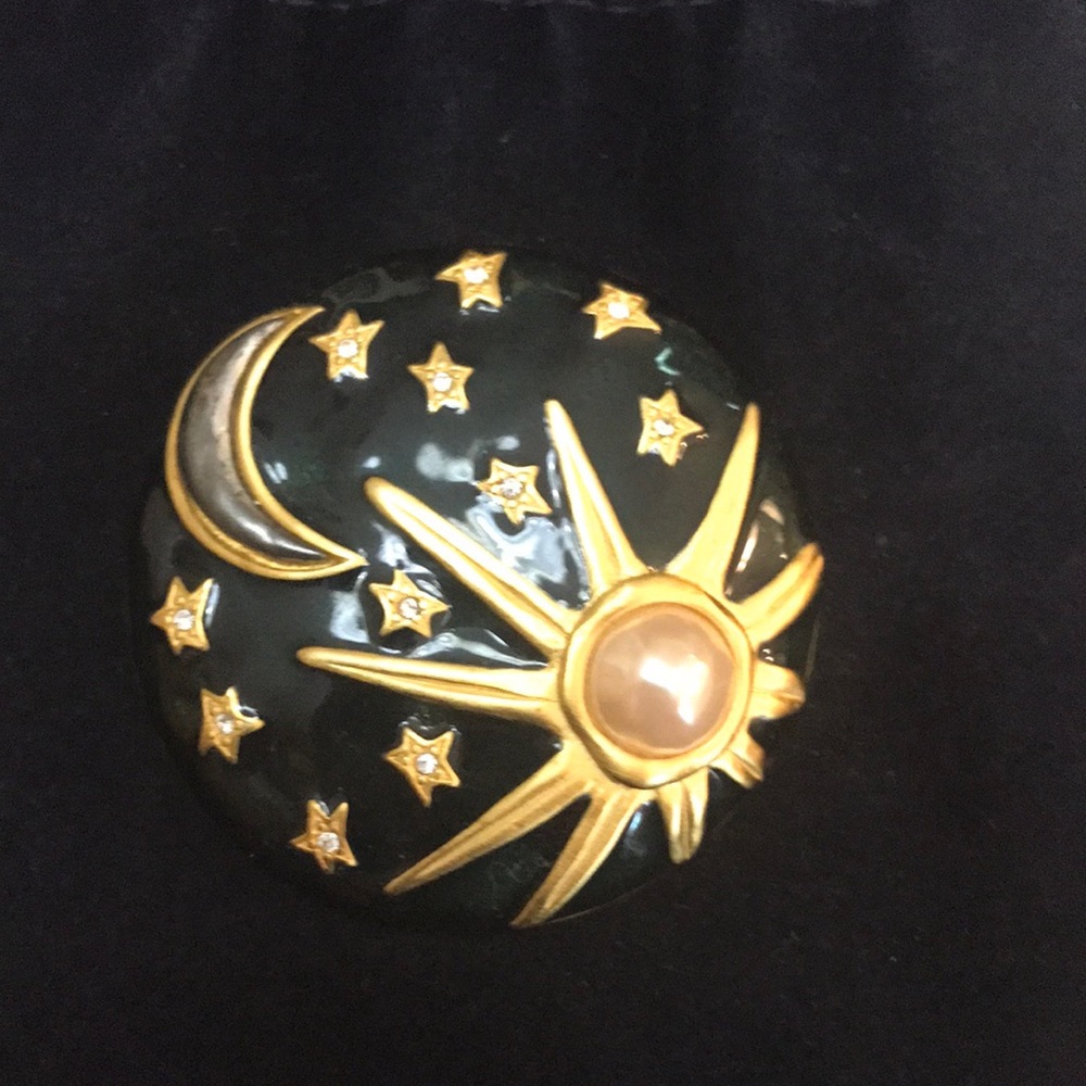Karl Lagerfeld sun moon stars brooch pin vintage faux pearl gold tone green blue